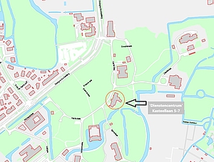 Kaart met daarop de locatie van het Dienstencentrum waar extra opvang voor Oekraïners wordt gerealiseerd.