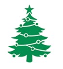 Plaatje van een groene kerstboom met slingers, ballen en een piek op een witte achtergrond