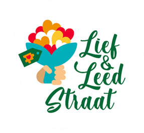 logo lief en leed. Op het logo staat behalve lief en leed straat ook een afbeelding van een boeket met bloemen in de vorm van hartjes