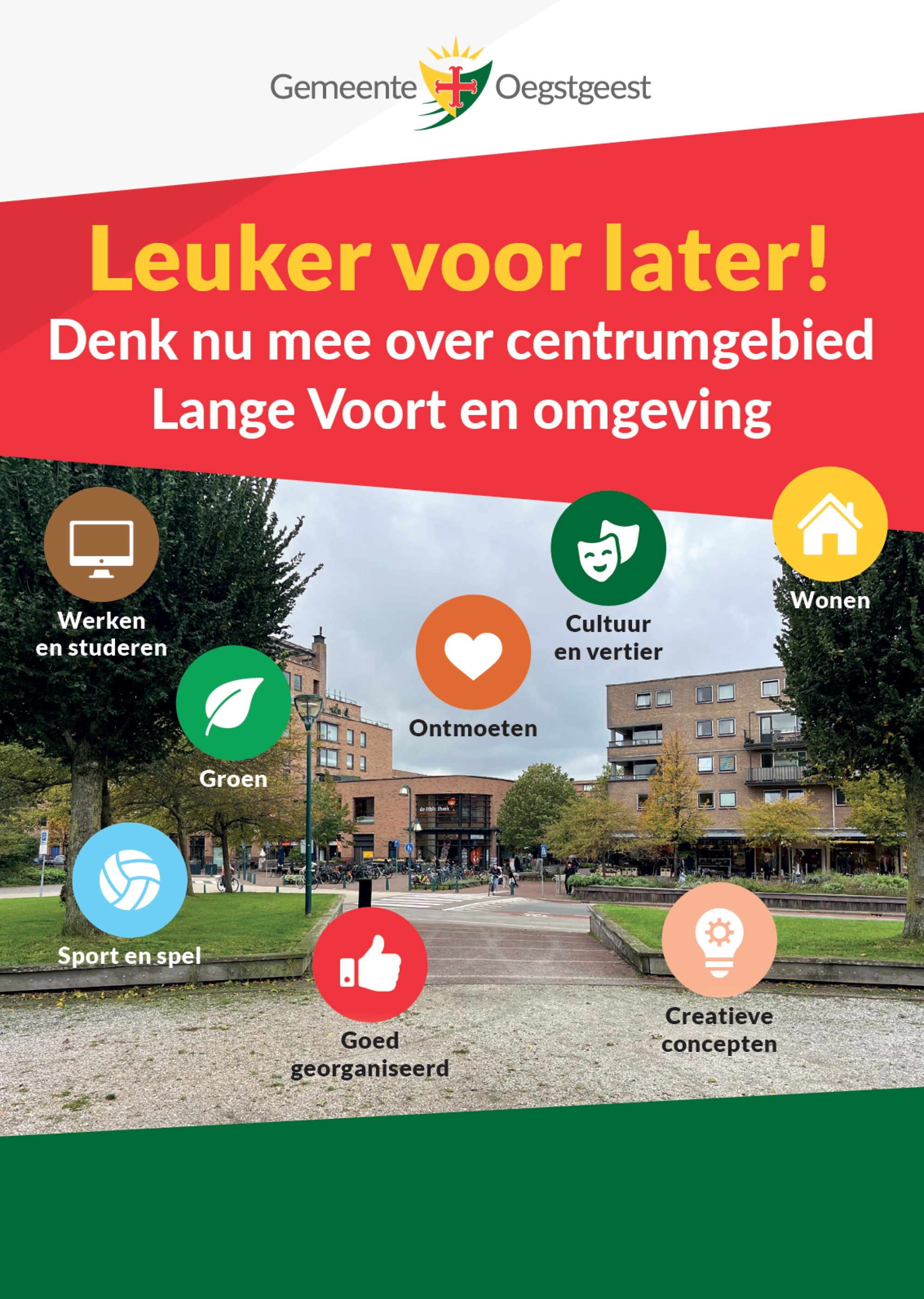 afbeelding flyer. Leuker voor later! Denk nu mee over centrumgebied Lange Voort en omgeving