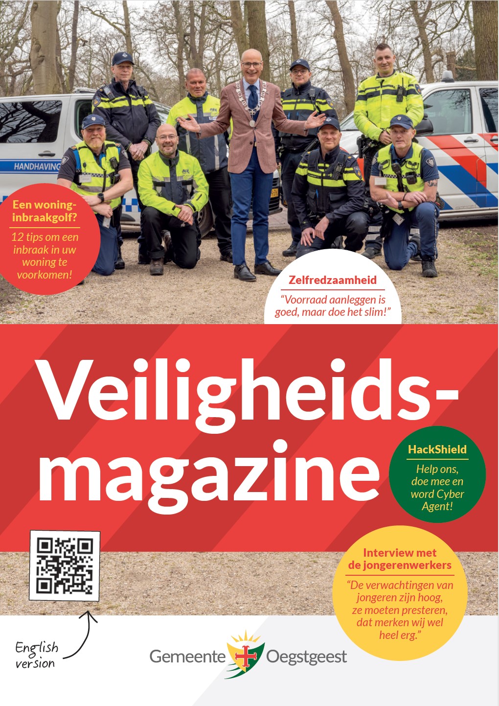 Afbeelding van de voorpagina van het veiligheidsmagazine. Hierop is de burgemeester Emile Jaensch te zien met daarnaast de gemeentelijke opsporingsambtenaren en wijkagenten van Oegstgeest