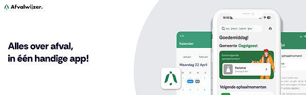 Banner met boodschap over de afvalwijzer app en plaatje van de app op een telefoon